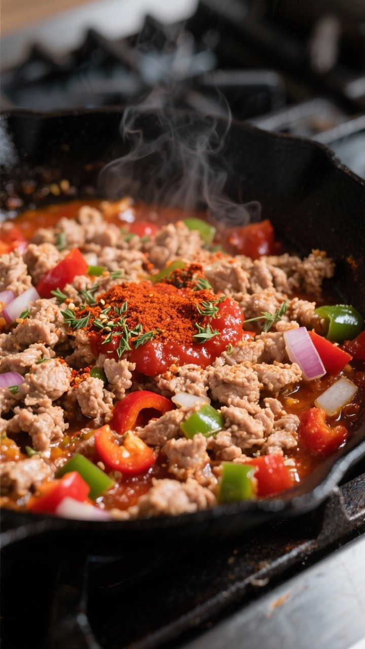 Close-up detail, cooking process: Seasoned ground turkey browning in a black cast-iron skillet, crum