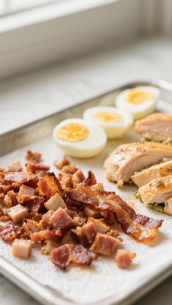 Close-up detail: Crispy bacon crumbles cooling on a paper towel-lined tray next to diced, cooled roa