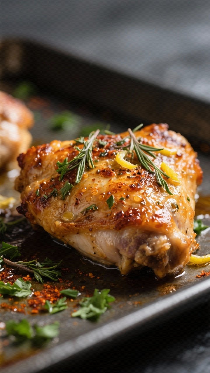 Close-up detail: Crispy herb-butter roasted chicken thigh fresh from the oven, golden blistered skin
