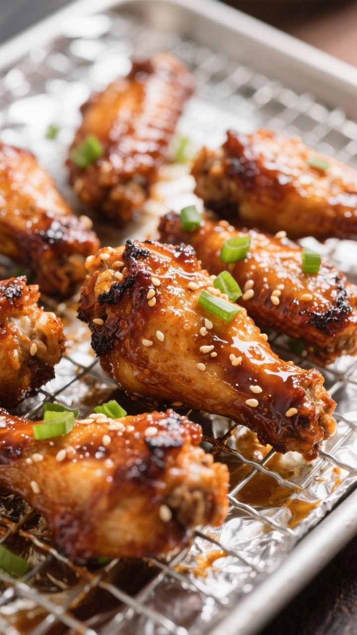 Close-up detail: Crispy oven-baked BBQ chicken wings just out of the broiler, glistening with carame