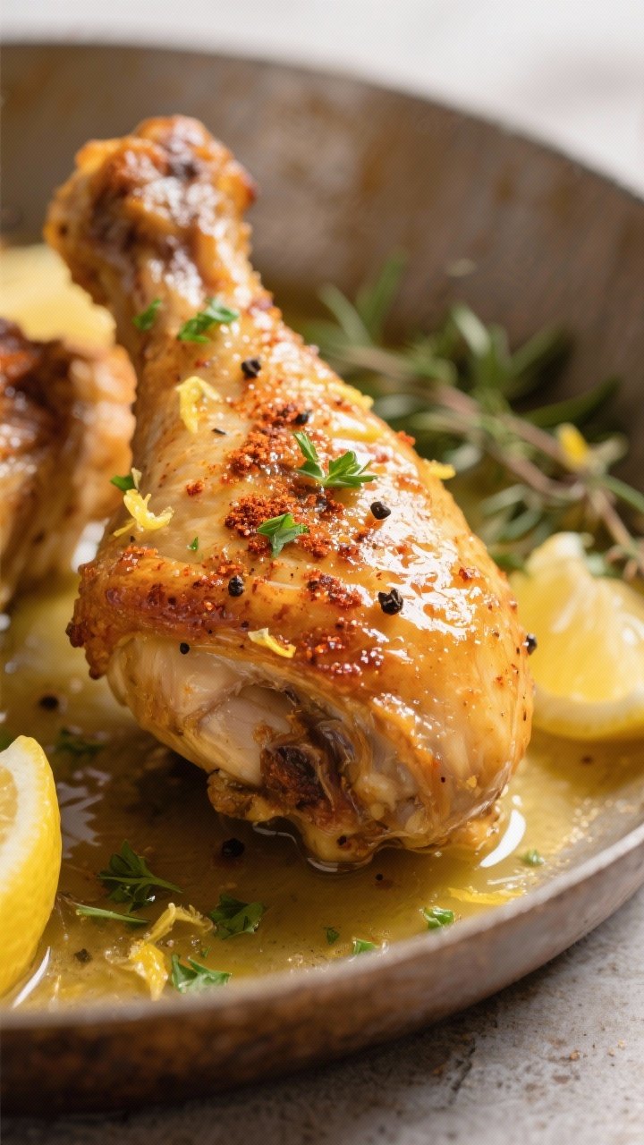 Close-up detail: Crispy roasted chicken drumstick skin blistered and golden from the oven, glistenin