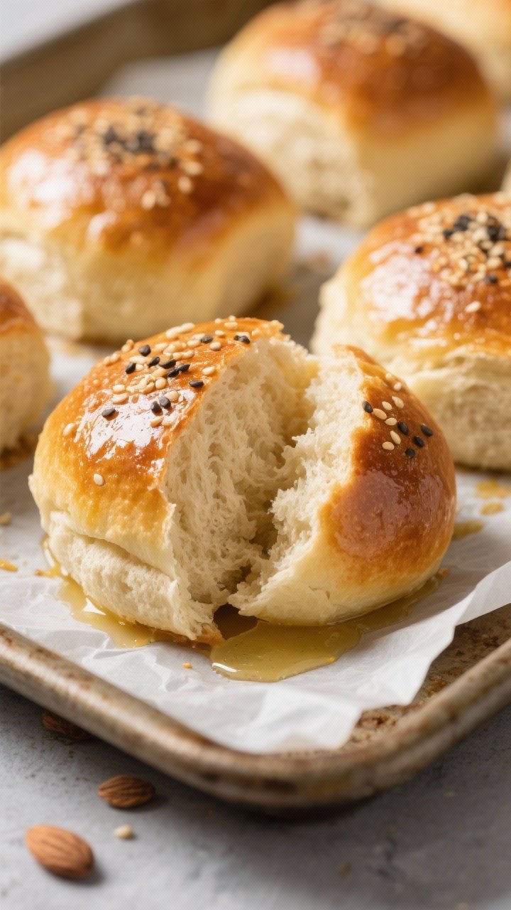 Close-up detail: Freshly baked almond flour keto dinner rolls just out of the oven, deep golden crus