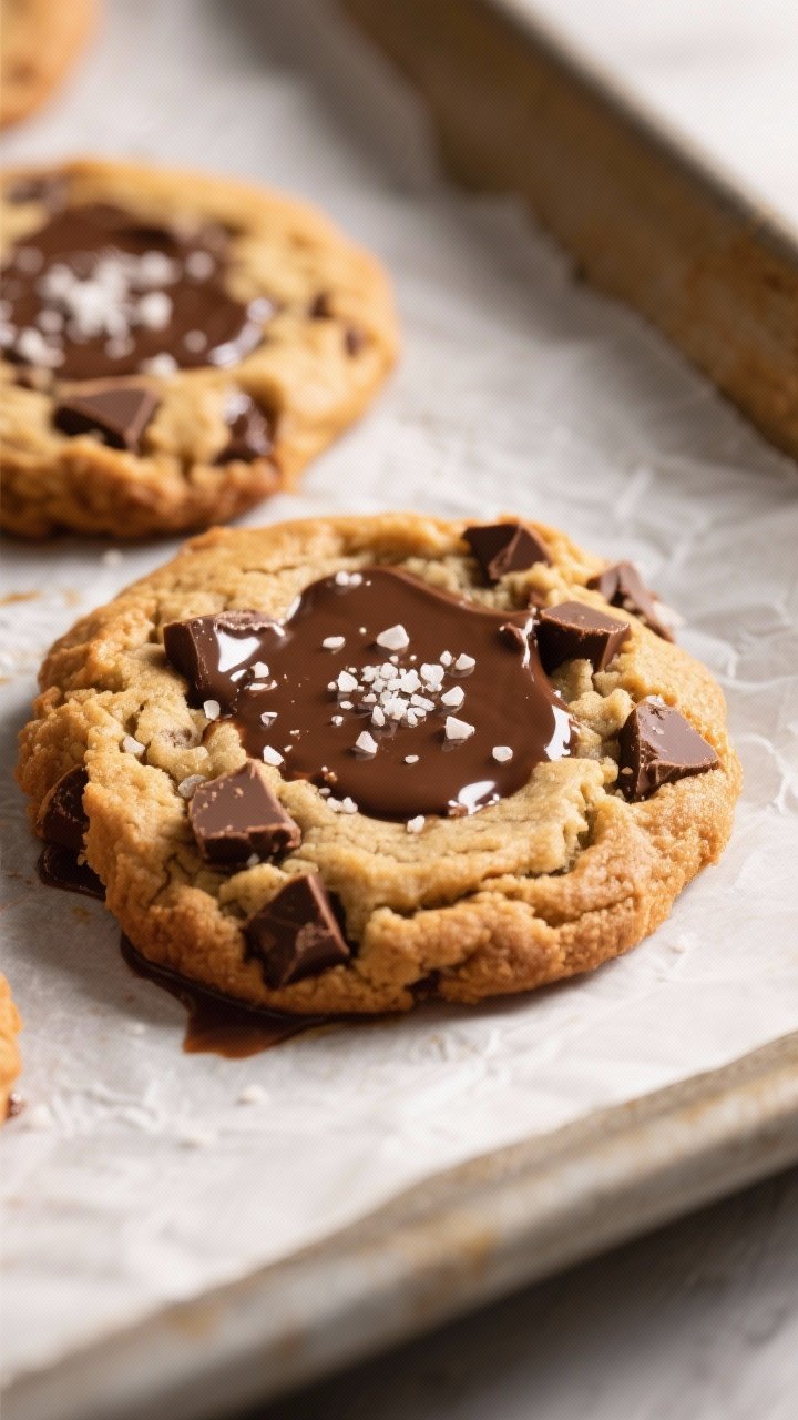 Close-up detail: Freshly baked brown butter chocolate chip cookies just out of the oven, edges deepl