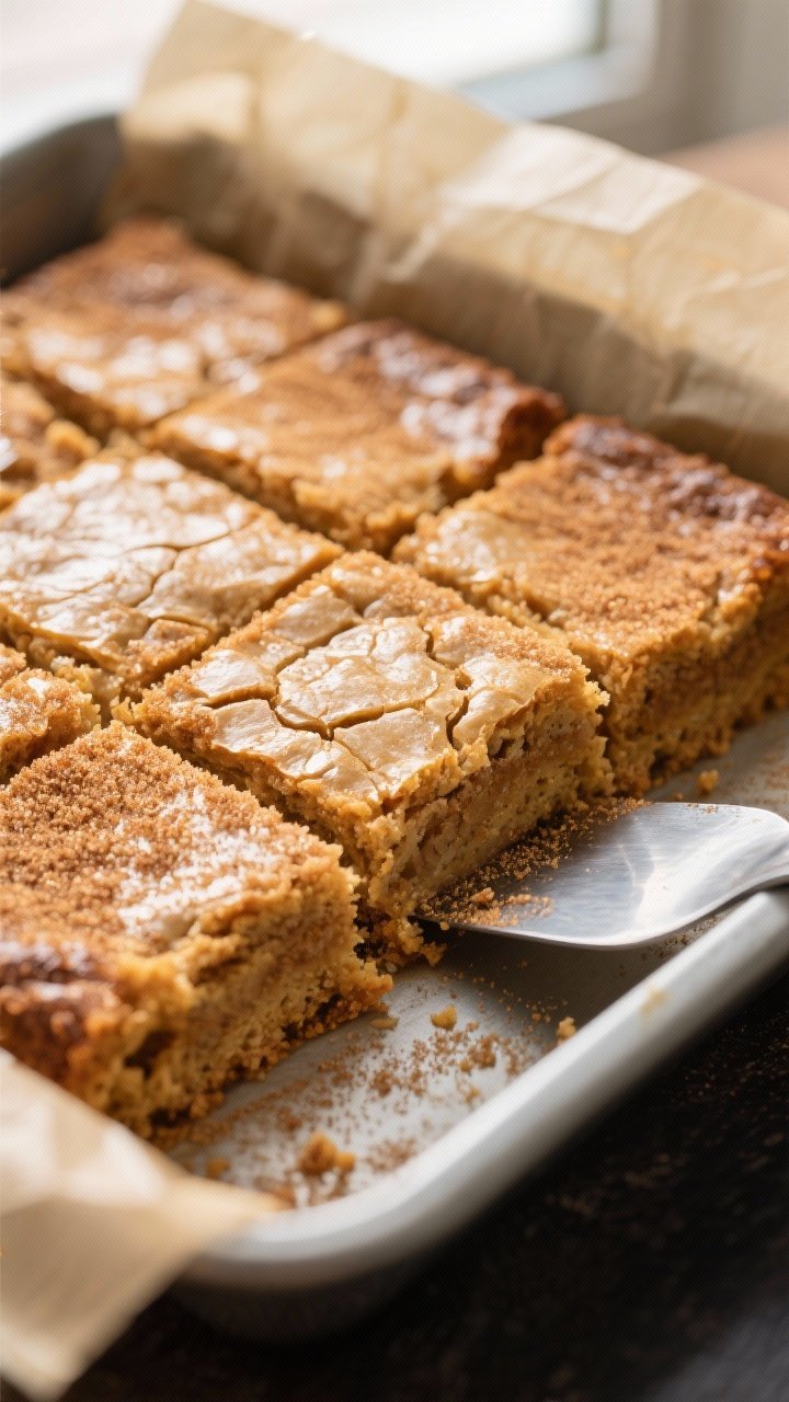 Close-up detail: Freshly baked cinnamon-sugar blondies just out of the 8x8-inch pan, the surface cri