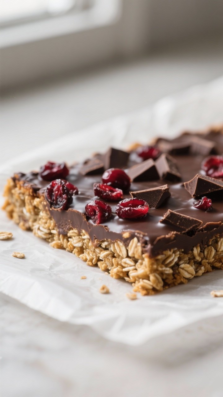 Close-up detail: Freshly baked Dark Chocolate Cherry Oat Bars cooling on parchment, edges golden wit
