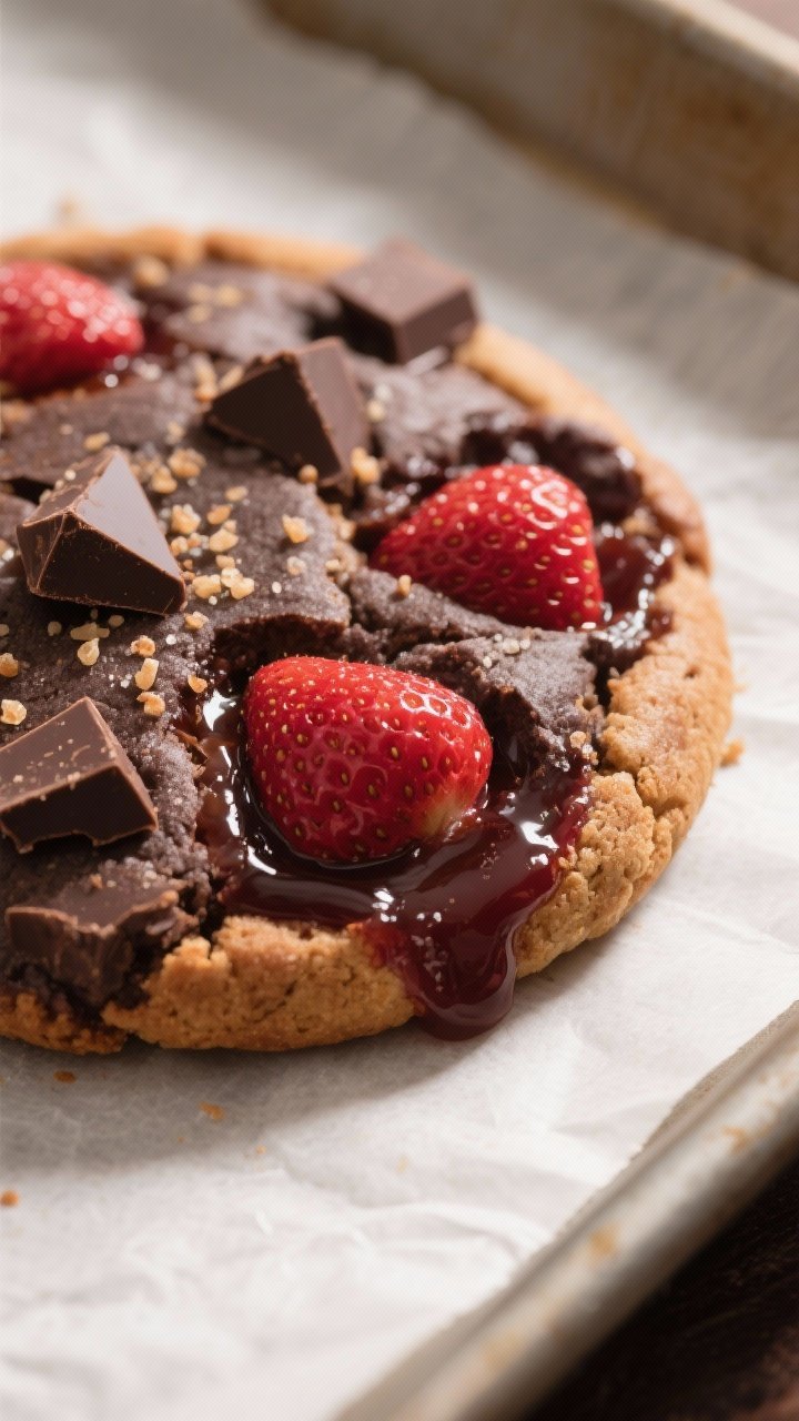 Close-up detail: freshly baked dark chocolate strawberry chunk cookie just out of the oven, edges li