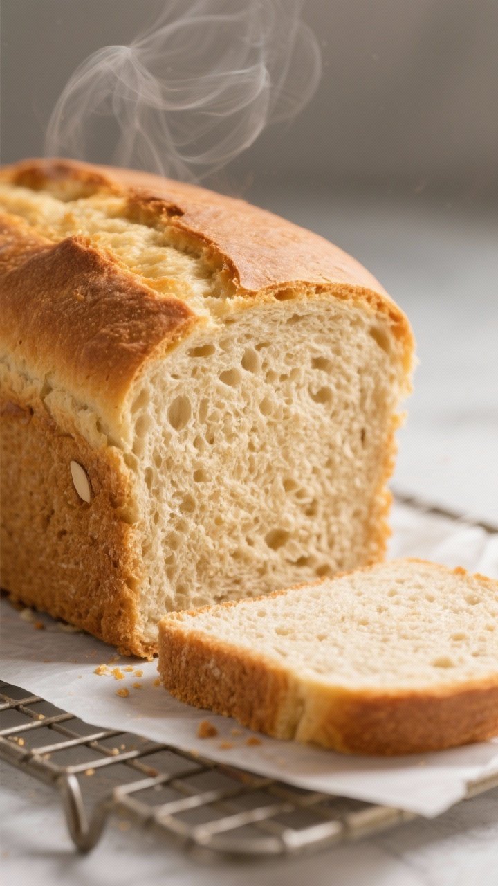 Close-up detail: Freshly baked keto almond flour bread loaf just out of the pan, golden crust with a