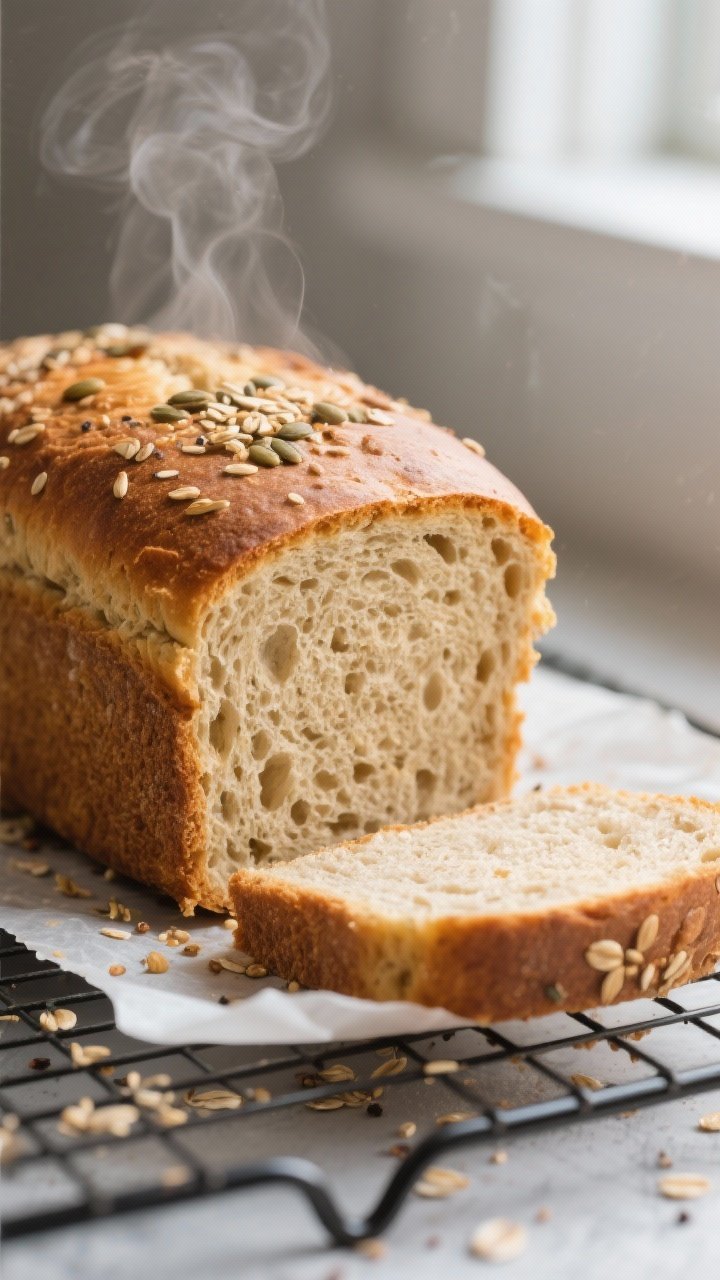 Close-up detail: Freshly baked low-carb oat fiber bread loaf just lifted from the pan onto a wire ra