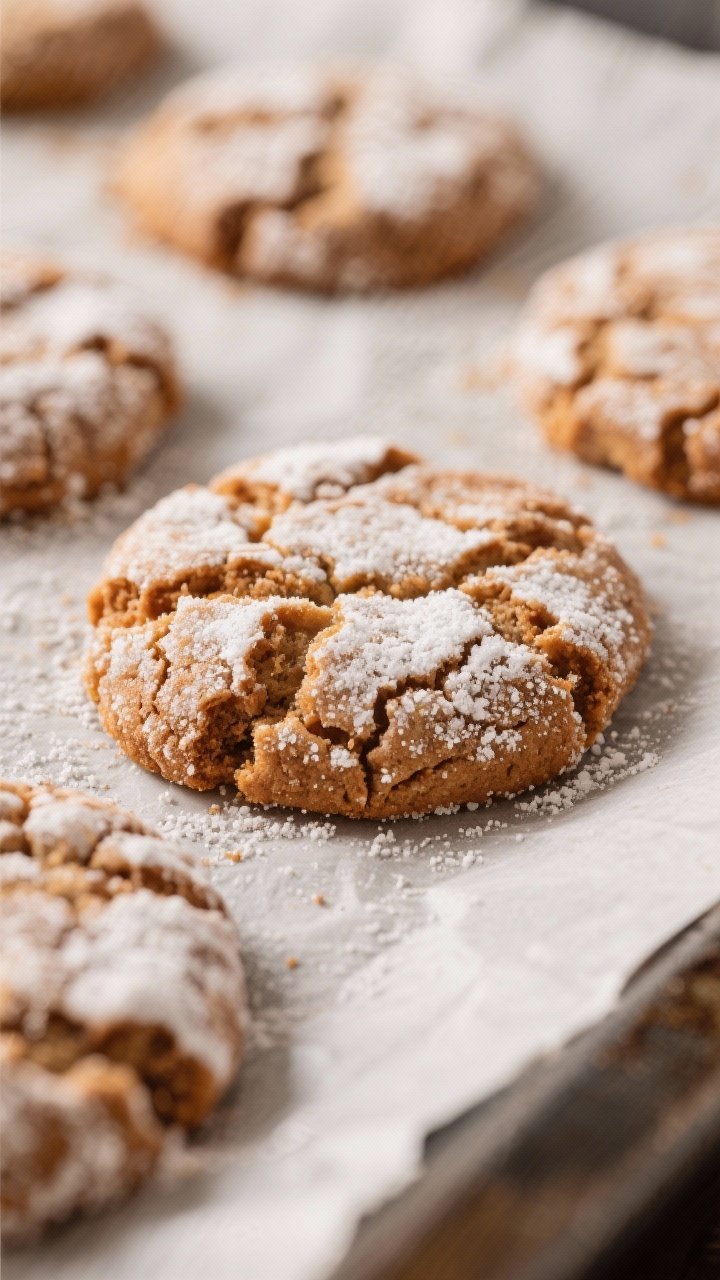 Close-up detail: Freshly baked maple snickerdoodle crinkle cookies just out of the oven on a parchme