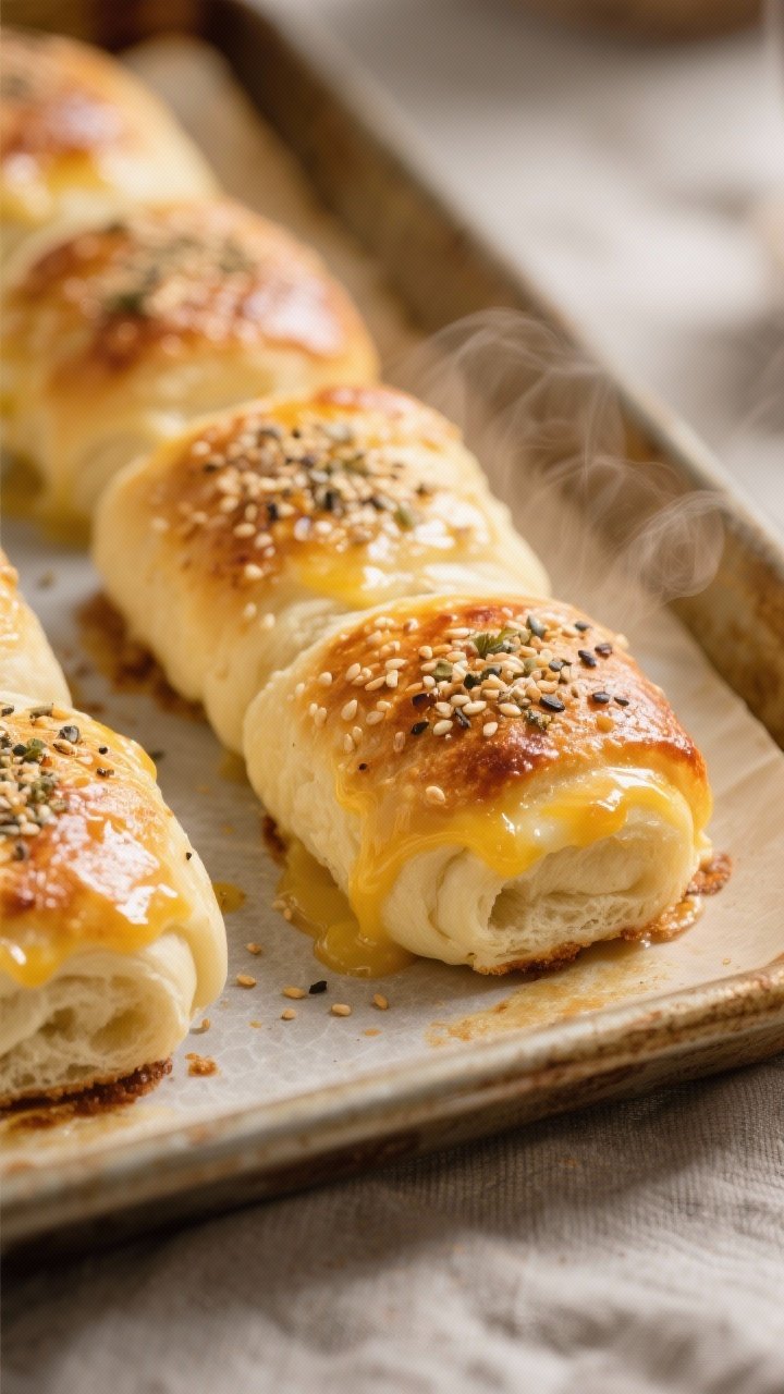 Close-up detail: Freshly baked Mozzarella Fathead keto rolls just out of the oven, golden-brown tops