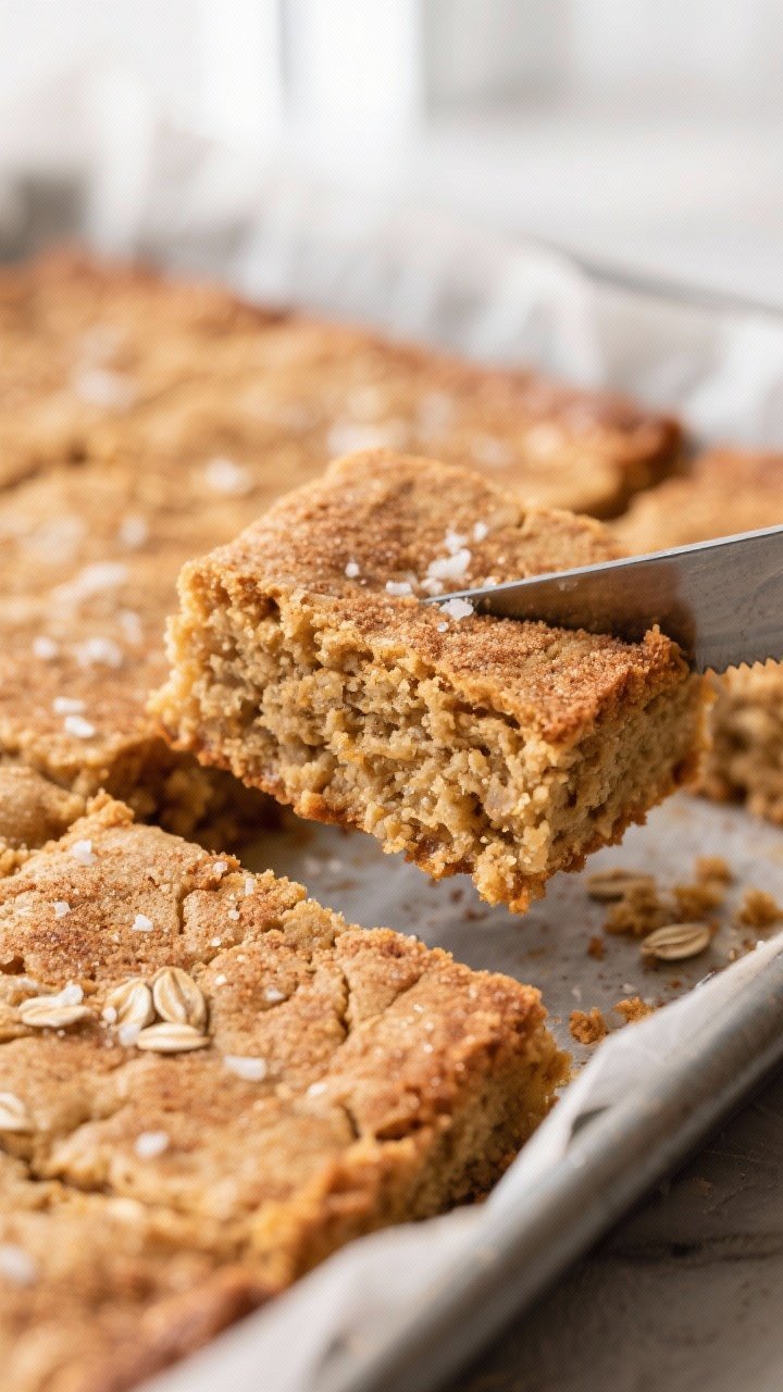Close-up detail: Freshly baked oat flour snickerdoodle blondies just out of the pan, surface covered