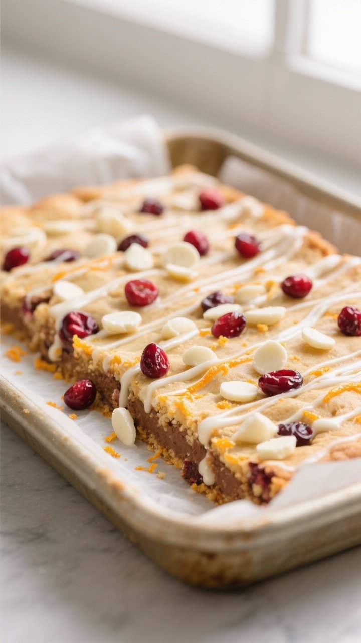 Close-up detail: Freshly baked White Chocolate Cranberry Dream Bars just cooled in the parchment-lin