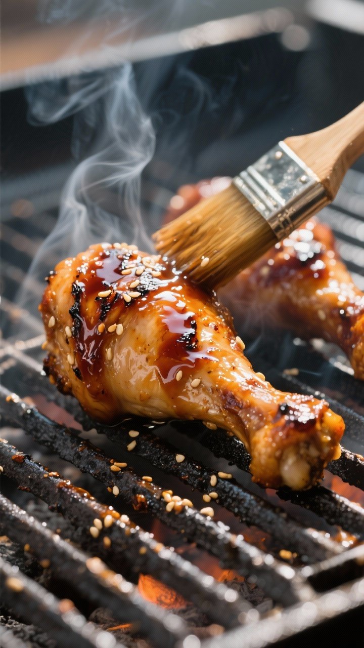 Close-up detail: Glazed grilled teriyaki chicken drumstick sizzling on the grates during the final 5