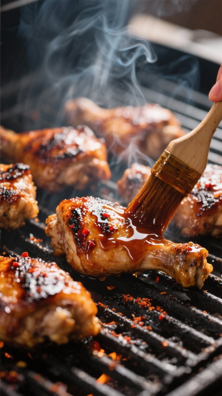 Close-up detail: Glazed honey bourbon grilled chicken thighs sizzling on the grates at medium-high h