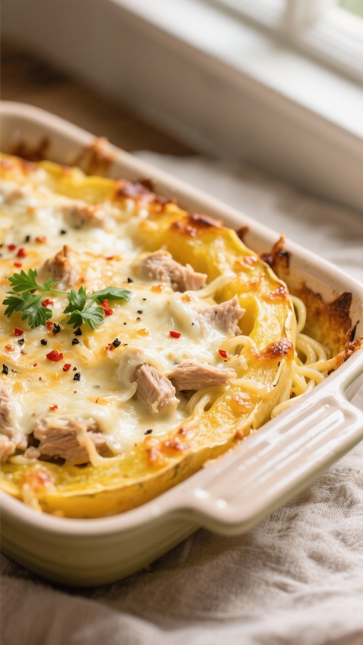 Close-up detail: Golden, bubbly Keto Turkey Alfredo Spaghetti Squash Bake just out of the oven, with