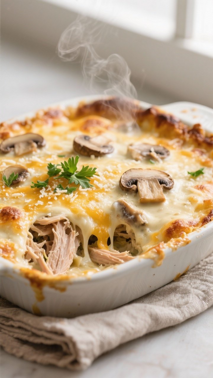 Close-up detail: Golden-bubbly Keto Turkey Creamy Mushroom Casserole just out of the oven, surface l