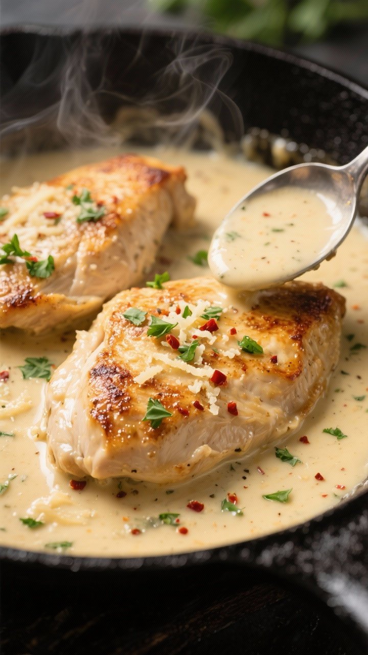 Close-up detail: Golden pan-seared chicken breasts simmering in a silky garlic Parmesan cream sauce 