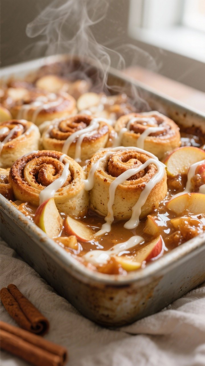Close-up detail: Gooey Cinnamon Roll Apple Cobbler just out of the oven, showing puffed, golden-brow