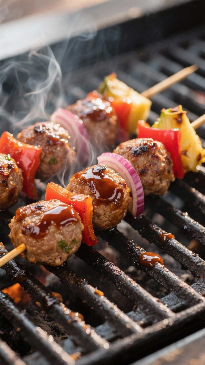 Close-up detail: Juicy BBQ turkey meatball skewers sizzling on a grill at medium heat, sauce just br
