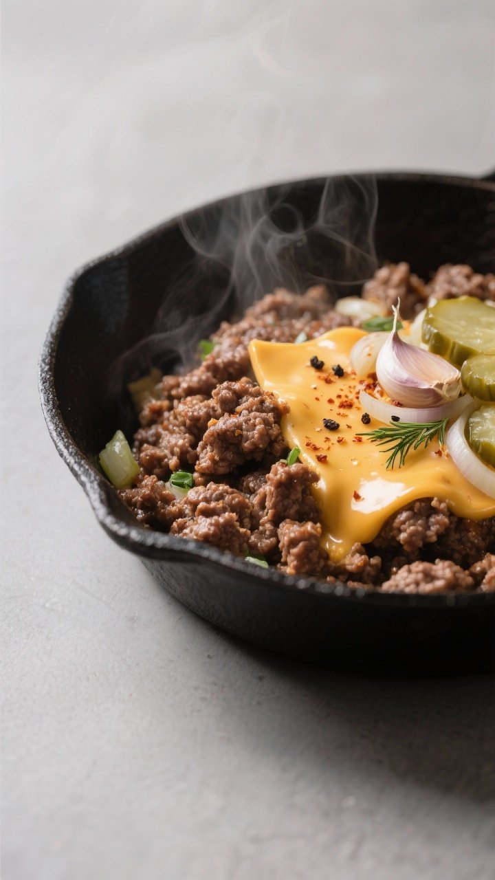 Close-up detail: Juicy browned ground beef in a skillet with crispy caramelized edges, sautéed onio