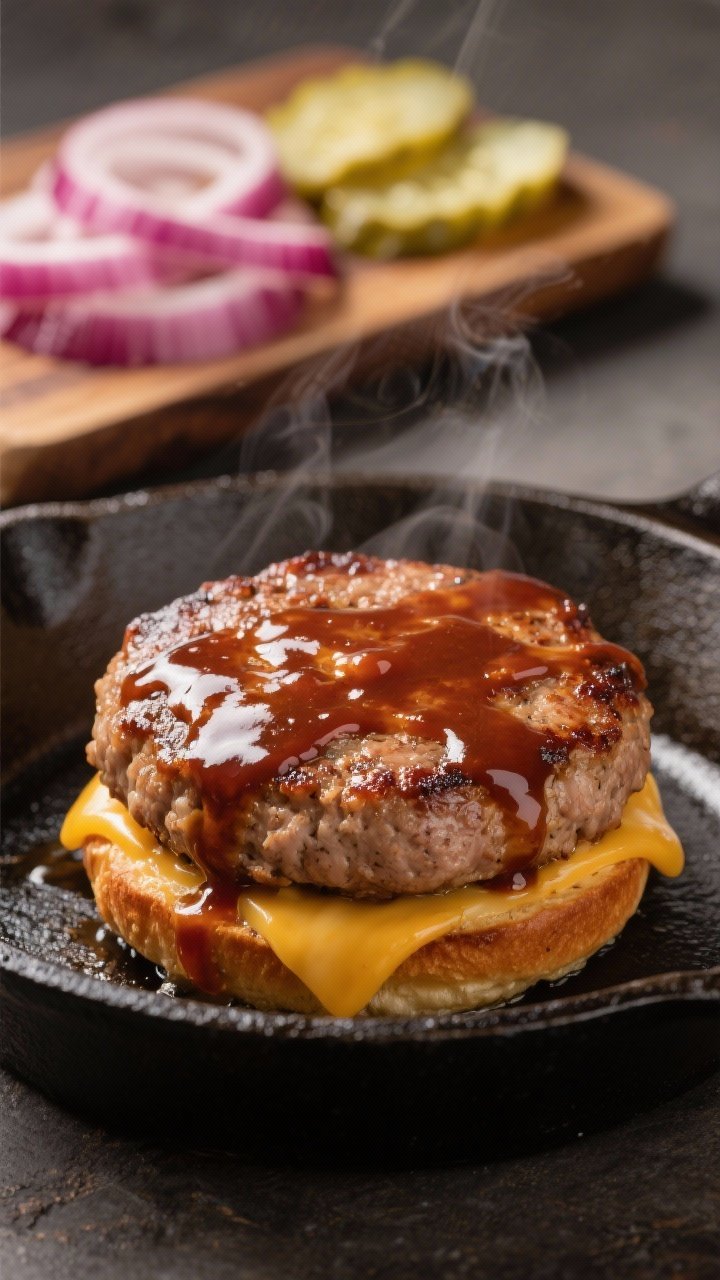 Close-up detail: Juicy cooked turkey slider patty in a hot skillet brushed with glossy smoky BBQ sau