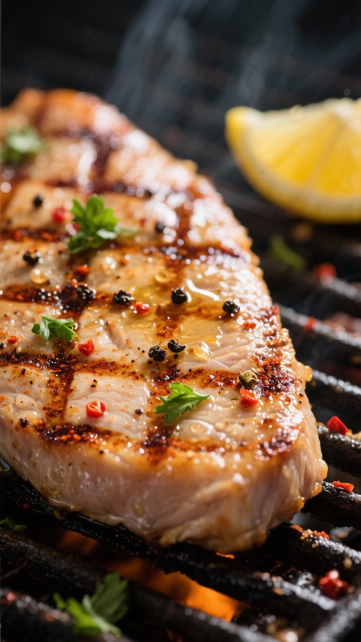 Close-up detail: Juicy garlic pepper grilled turkey cutlet just off the grill with defined char mark