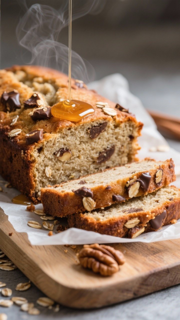 Close-up detail of a sliced banana bread bar held on a parchment-lined board, showing a tender, mois