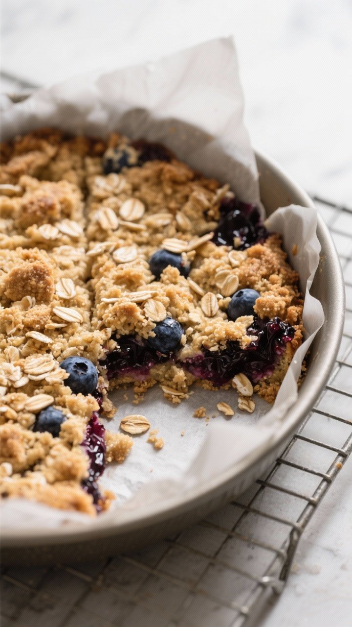 Close-up detail of freshly baked blueberry crumble squares cooling in the parchment-lined 8-inch pan