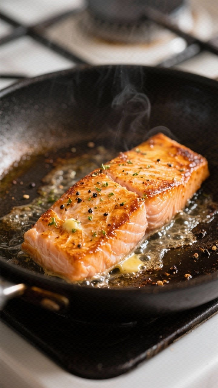 Close-up detail: Pan-seared salmon fillet just after flipping in a heavy skillet, golden-crisp crust