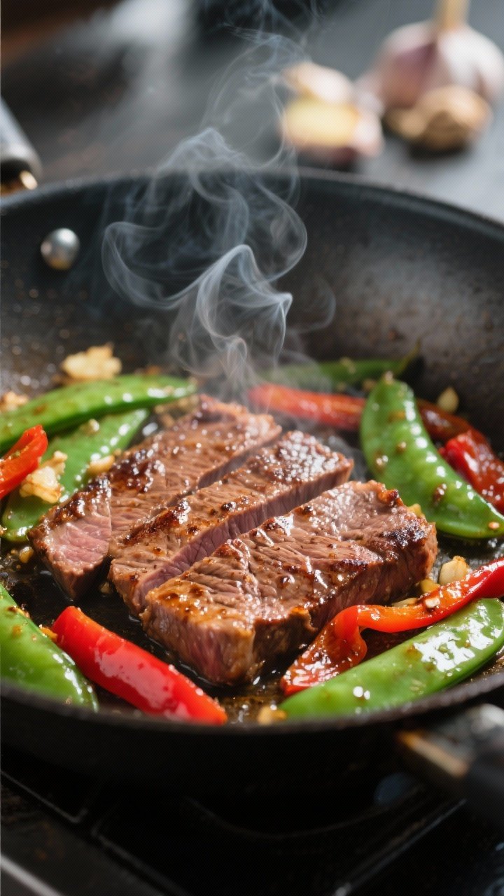 Close-up detail: Searing thin-sliced flank steak in a ripping-hot wok, browned edges with tiny caram
