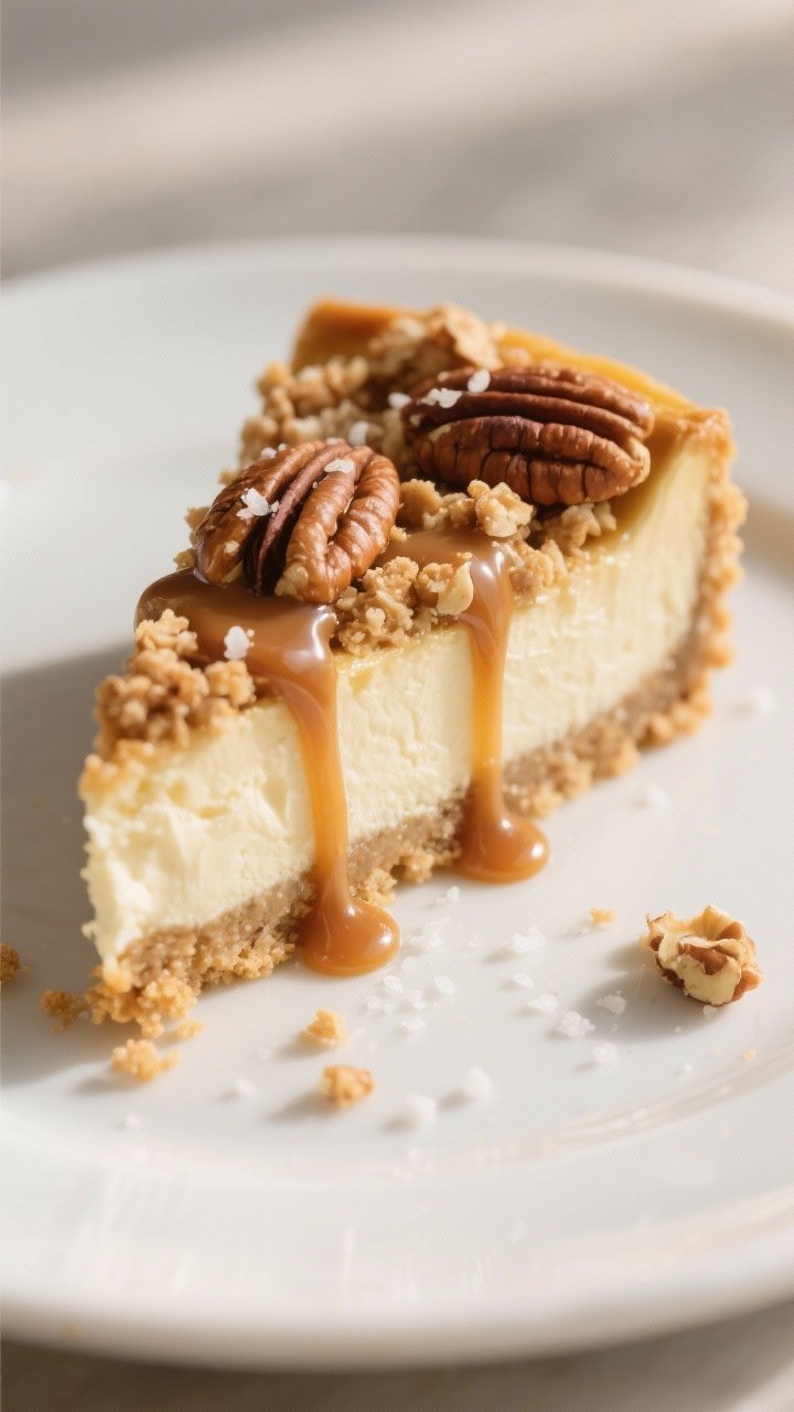 Close-up detail shot: A baked Caramel Pecan Crumble Cheesecake slice on a matte white dessert plate,