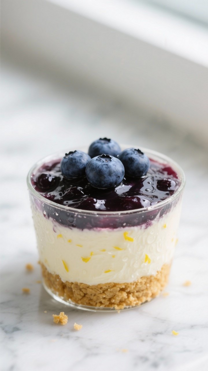 Close-up detail shot: A chilled no-bake blueberry cheesecake cup in a clear glass, showing distinct 