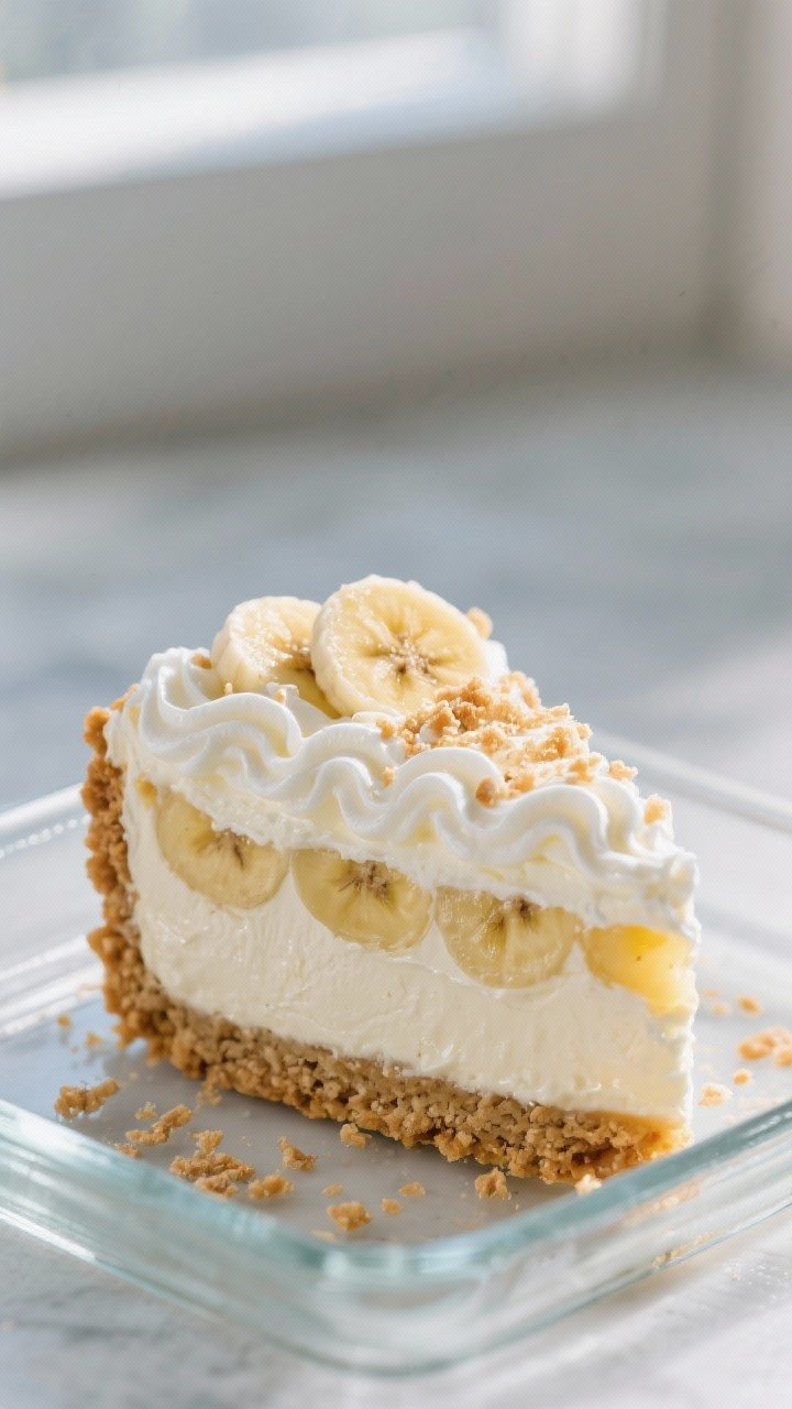 Close-up detail shot: A chilled slice of No-Bake Banana Cream Dessert lifted from a glass 9x9 dish, 