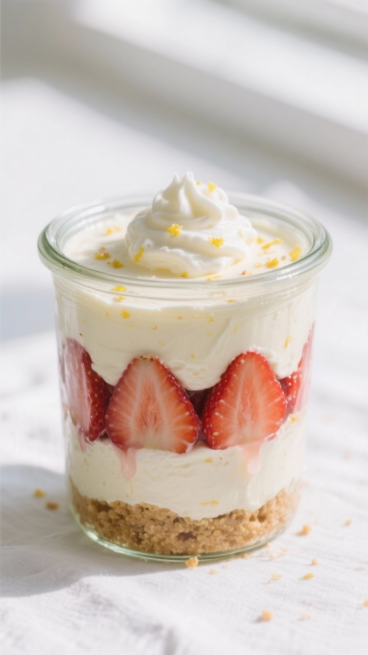 Close-up detail shot: A clear glass jar filled with layered Strawberry No-Bake Cheesecake, showing d