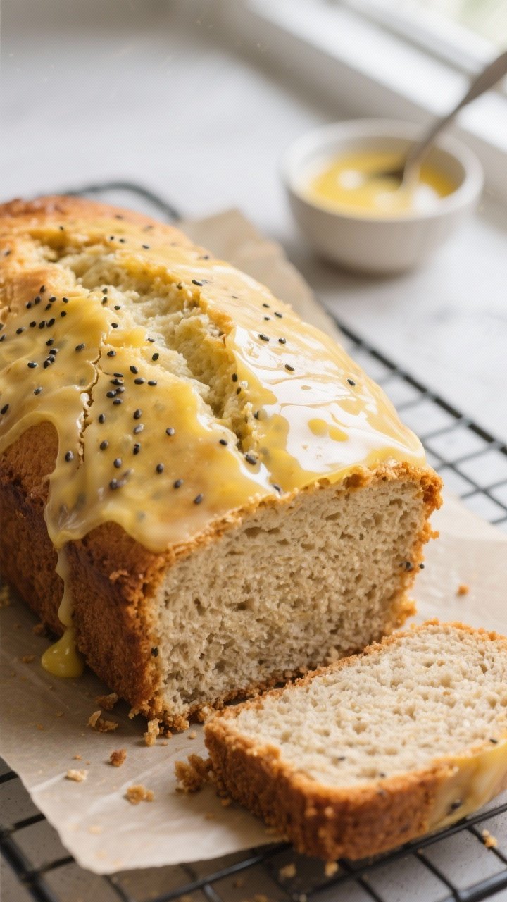Close-up detail shot: A freshly baked lemon poppy seed oat flour loaf just lifted from the pan, gold