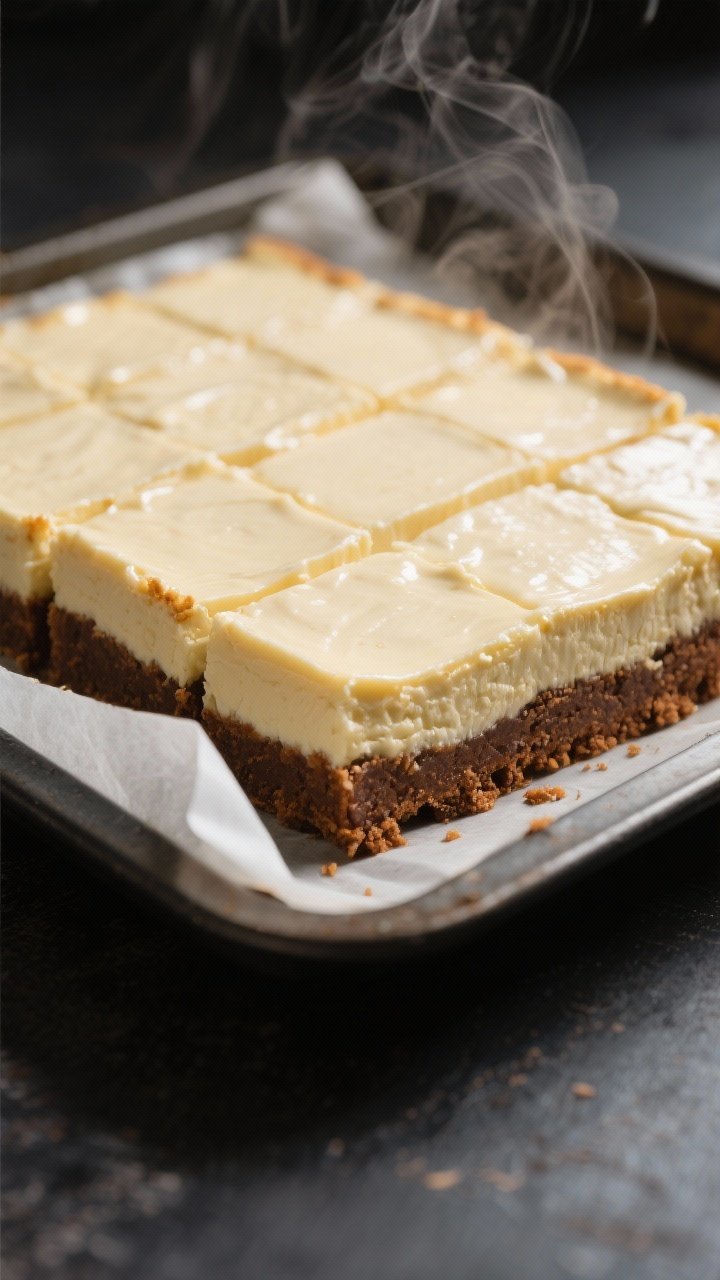 Close-up detail shot: A freshly baked pan of Gingerbread Cheesecake Bars just out of the oven, showi