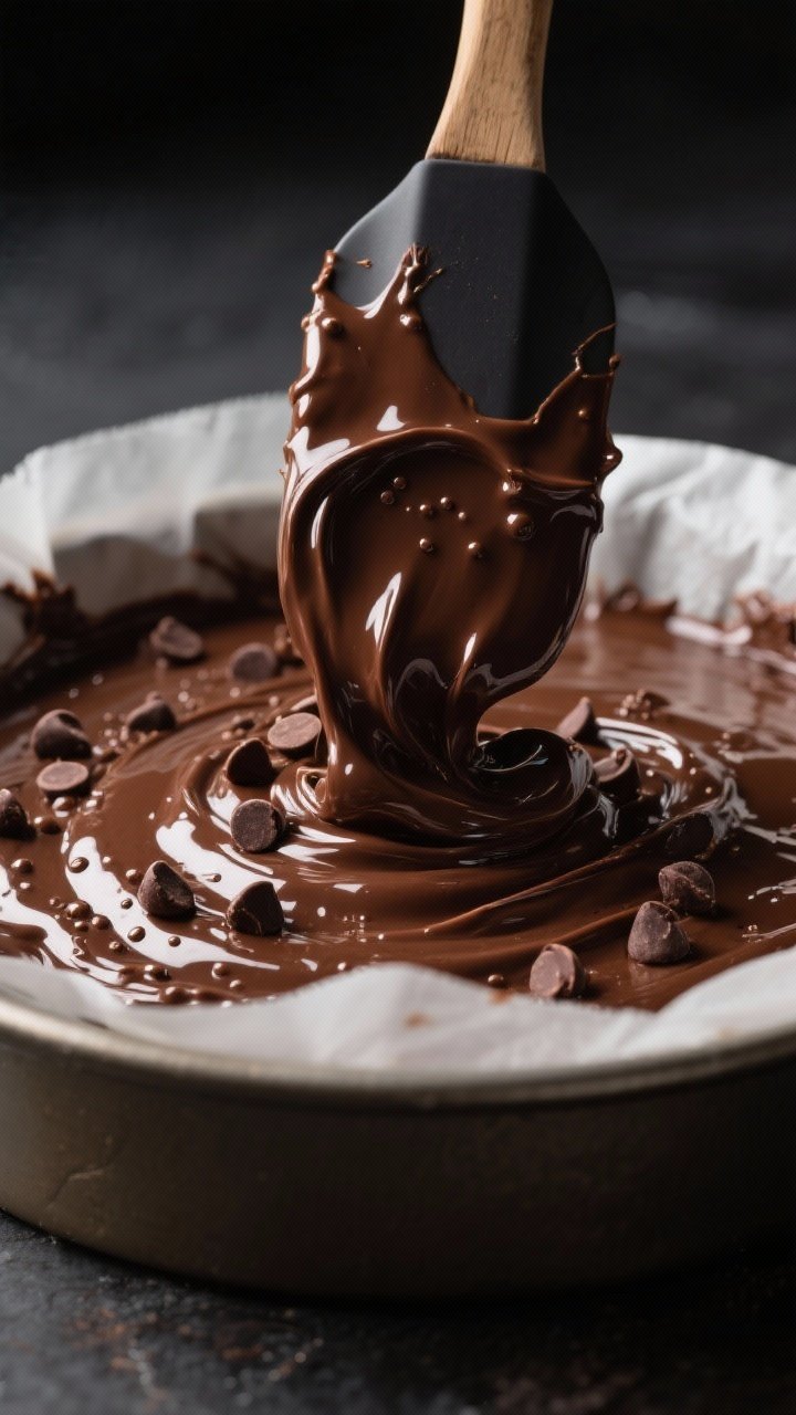 Close-up detail shot: A glossy, thick chocolate batter just after the melted dark chocolate is stirr