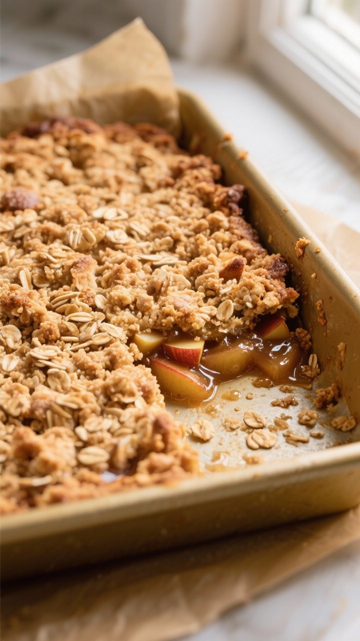 Close-up detail shot: A golden, baked pan of cinnamon apple crumble bars just out of the oven, the o