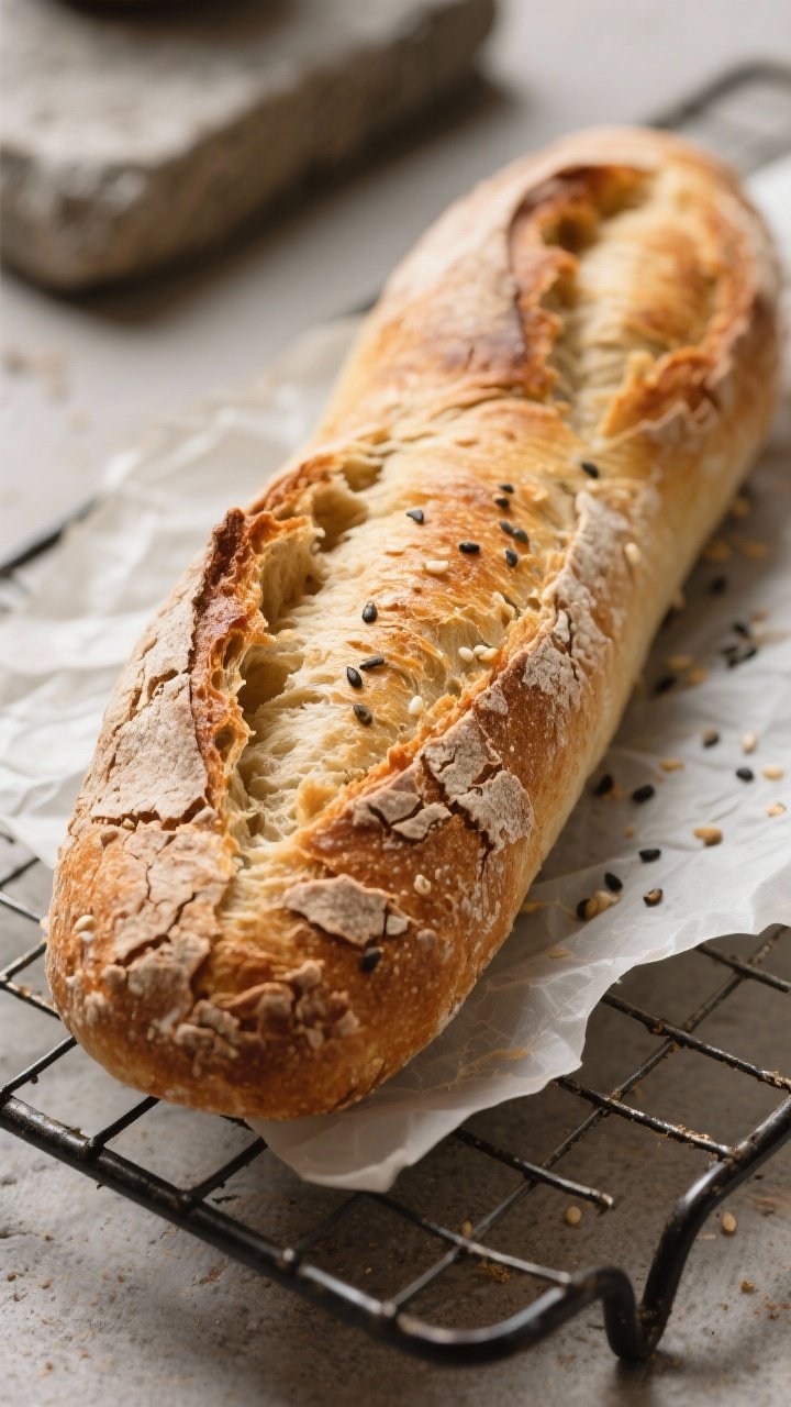 Close-up detail shot: A just-baked keto lupin flour baguette on a wire rack, crust deep golden with 