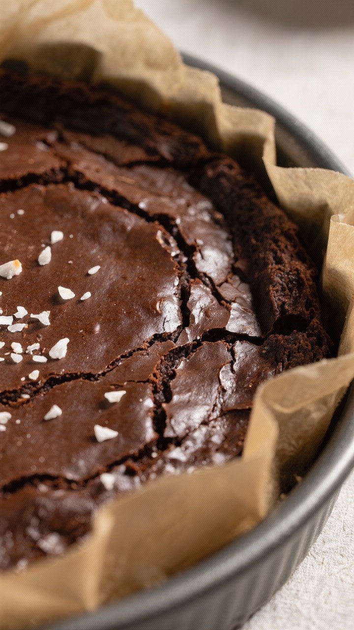 Close-up detail shot: A just-baked slab of fudgy dark chocolate brownies still in the parchment-line