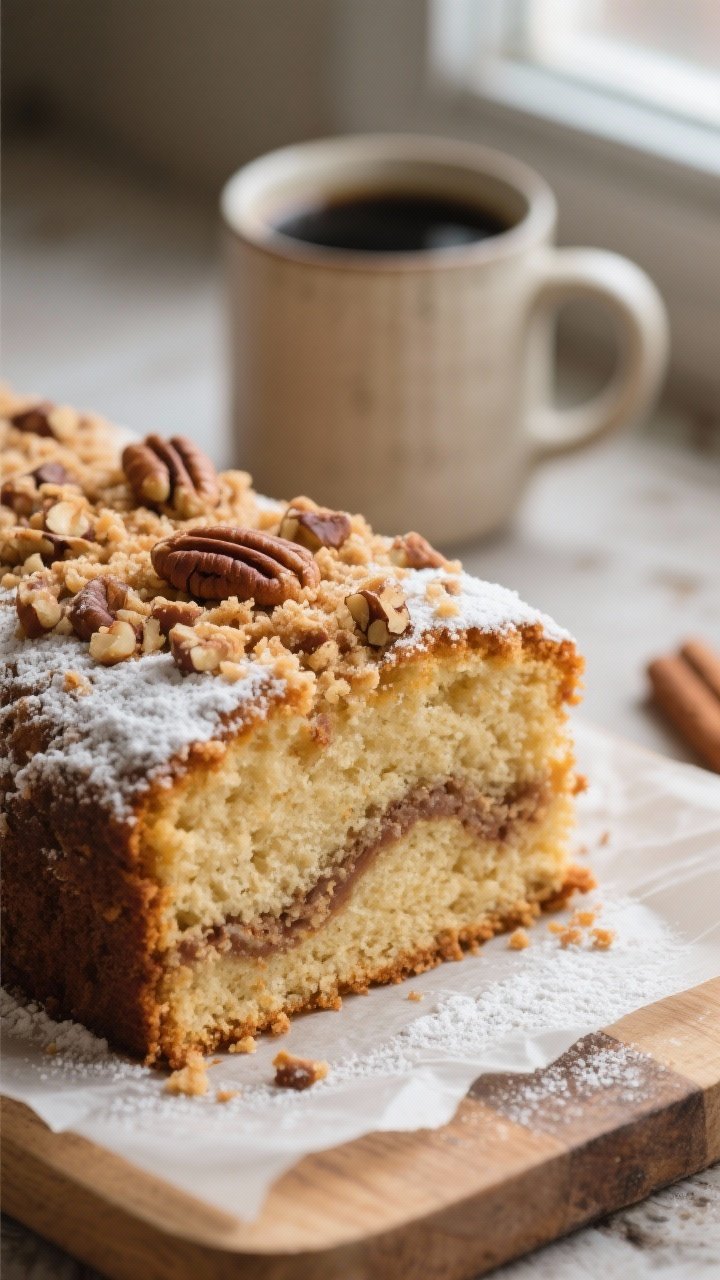 Close-up detail shot: A just-baked slice of cinnamon streusel coffee cake on a parchment-lined board