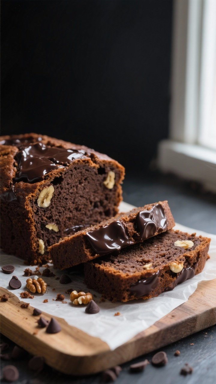 Close-up detail shot: A just-sliced piece of dark chocolate banana bread with a fudgy, tender crumb 