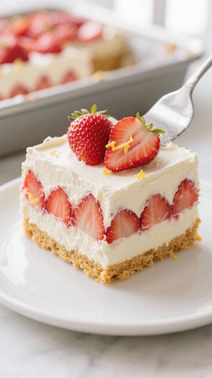 Close-up detail shot: A sliced square of Strawberry No-Bake Icebox Cake just lifted from the pan, sh