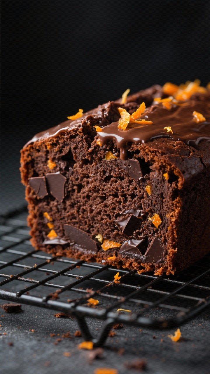 Close-up detail shot: A thick slice of dark chocolate orange loaf cake on a cooling rack, showing a 