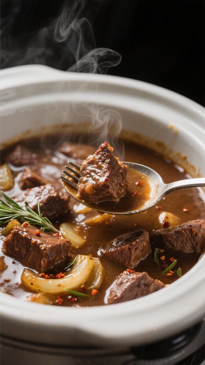 Close-up detail shot: Fork-tender beef tips simmering in a glossy, rich brown gravy inside a slow co