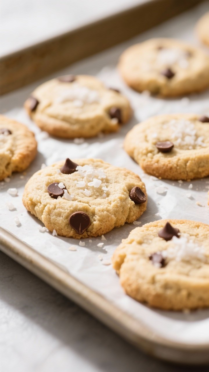 Close-up detail shot: Freshly baked keto vanilla almond flour cookies cooling on a parchment-lined b