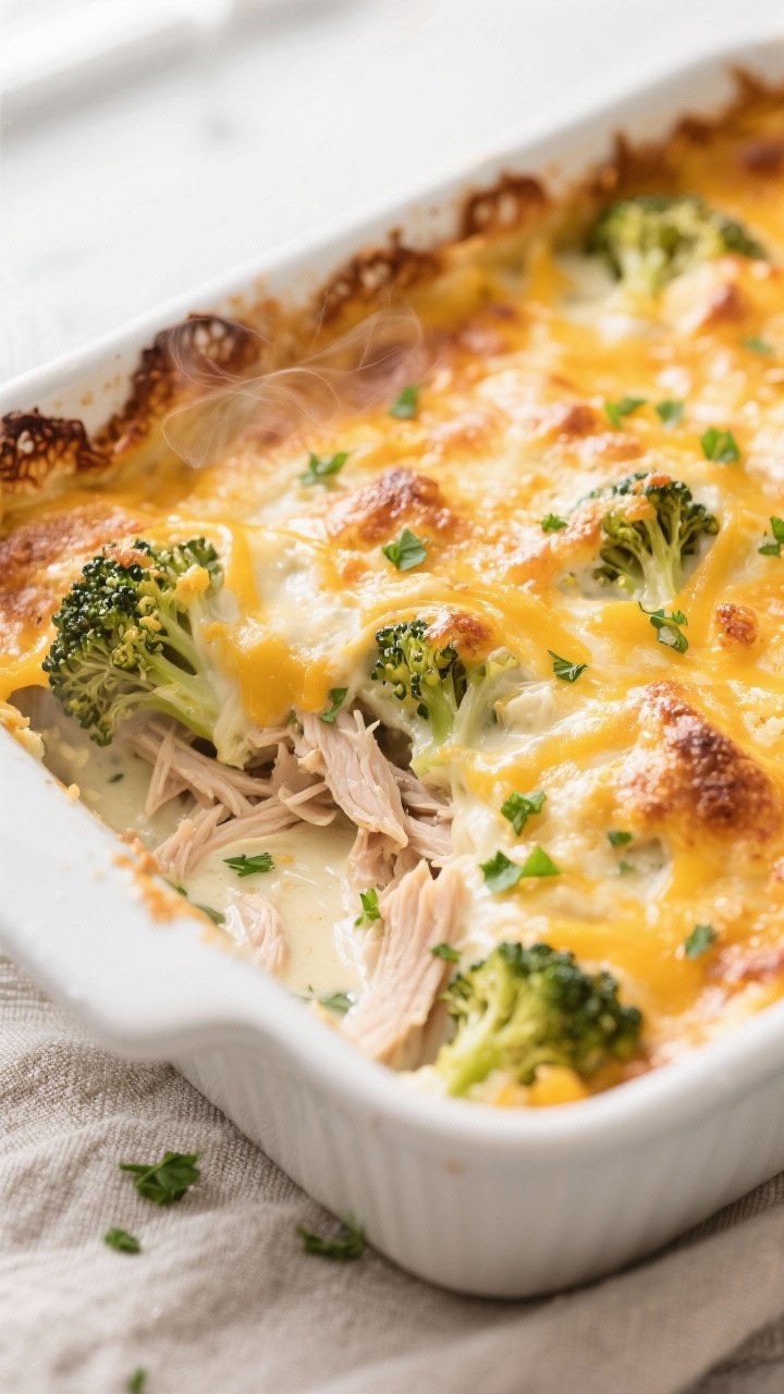 Close-up detail shot: Golden, bubbly Keto Turkey Broccoli Cheddar Bake just out of the oven, showing