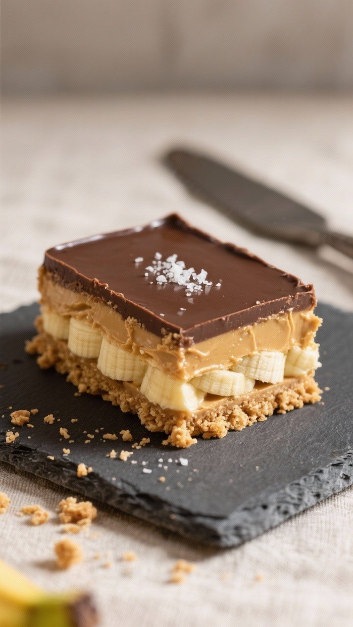 Close-up detail shot of a just-sliced No-Bake Banana Peanut Butter Dessert Square showing distinct,