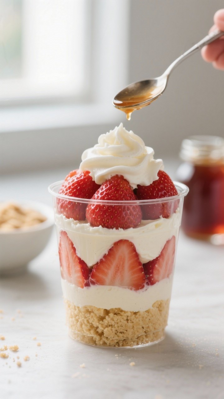 Close-up detail shot of a layered No-Bake Strawberry Shortcake Cup mid-assembly: glass cup with a vi