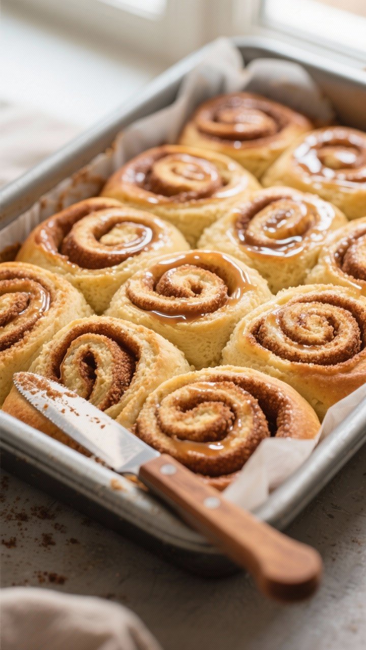 Close-up detail shot of the baked cinnamon roll cake still in the 9x13 pan right after swirls set: g